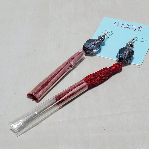 Macy’s Red fabric Tassel Fish hook Earrings - Picture 3 of 6